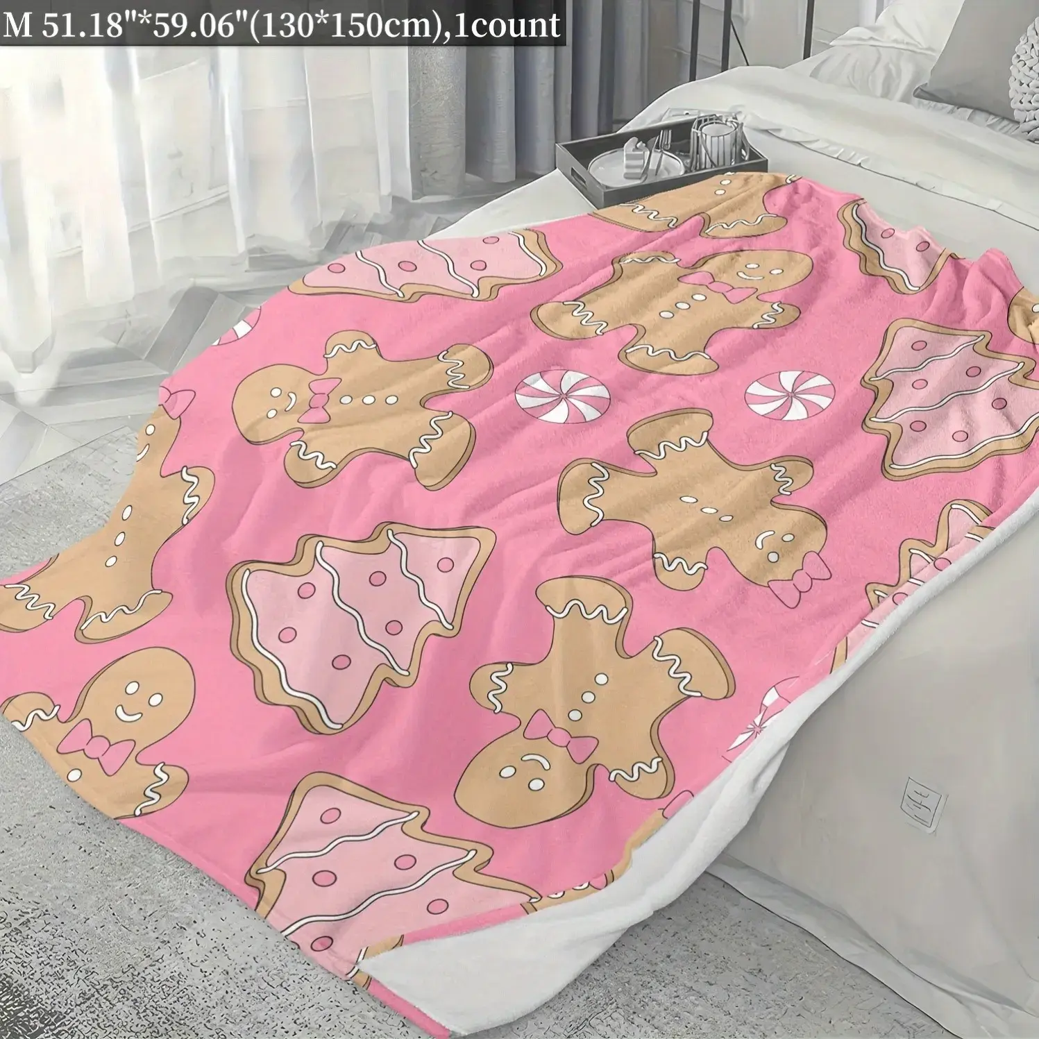Pink Christmas Blanket Cozy Christmas Gift Throw Blanket, Festive Pink Gingerbread Man Christmas Tree Pattern Soft Flannel Fleece Nap Blanket, Contemporary Style All-Season Digital Print for Home Office Travel