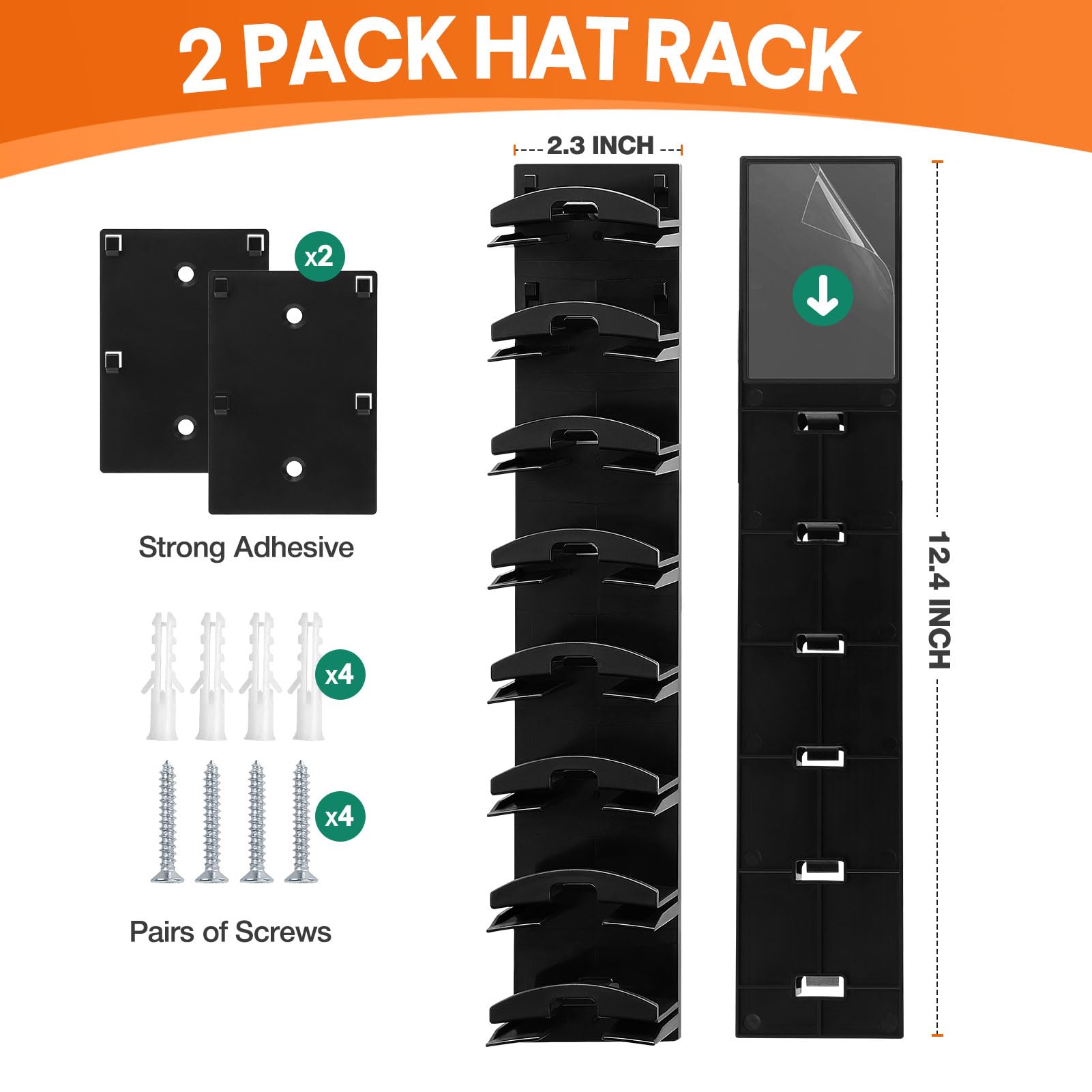 2-Pack Baseball Cap Organizer, Strong Adhesive Hat Rack, Wall-Mounted Hooks Hold 16 Hats, Adjustable Smooth Hanger for Closet Door & Bedroom, Space-Saving Home Storage Decor