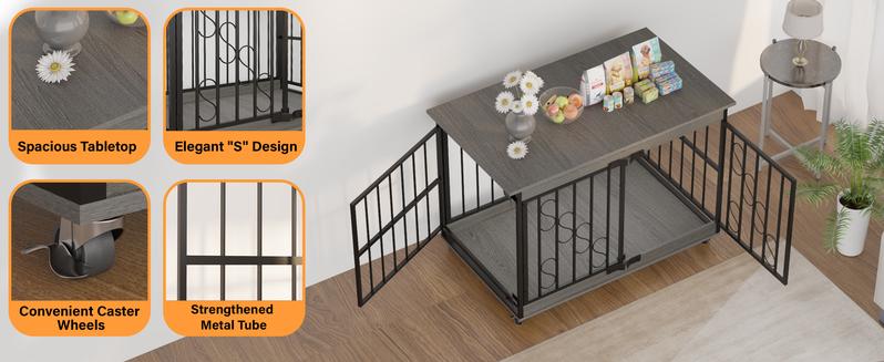 【TreasureFinds】COZPAW Dog Crate Furniture 48 Inch Wooden Dog Crates for Medium/Large Dogs, Three Doors, House Dog Cage with Lockable Wheels (Gray)