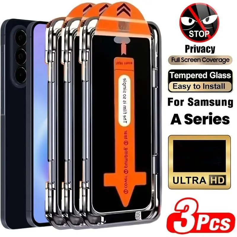 3Pcs Full-Coverage Privacy Tempered Glass Smartphone Protective Screen Protector for Samsung Galaxy A17 A07 A37 A57 A16 A26 A36 A56 A15 A25 A35 A55 A14 A24 A34 A54 A12 Series, 9H Hardness, Transparent, Anti-Scratch Protection, Cellphone Accessories