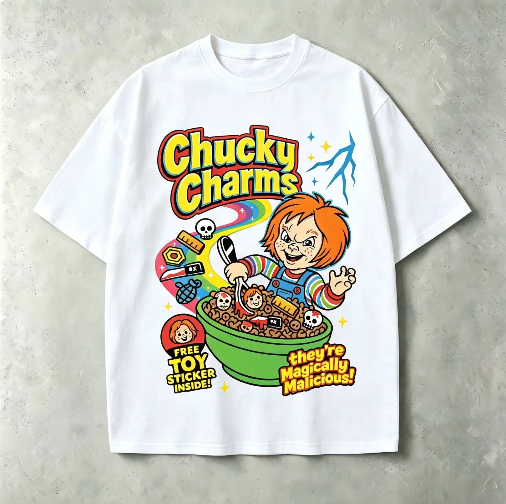 Vintage Wash Oversized Horror Cereal Graphic T-Shirt Chucky Charms Spooky Retro Streetwear Tee Womenswear Statement Top Tshirt Casual