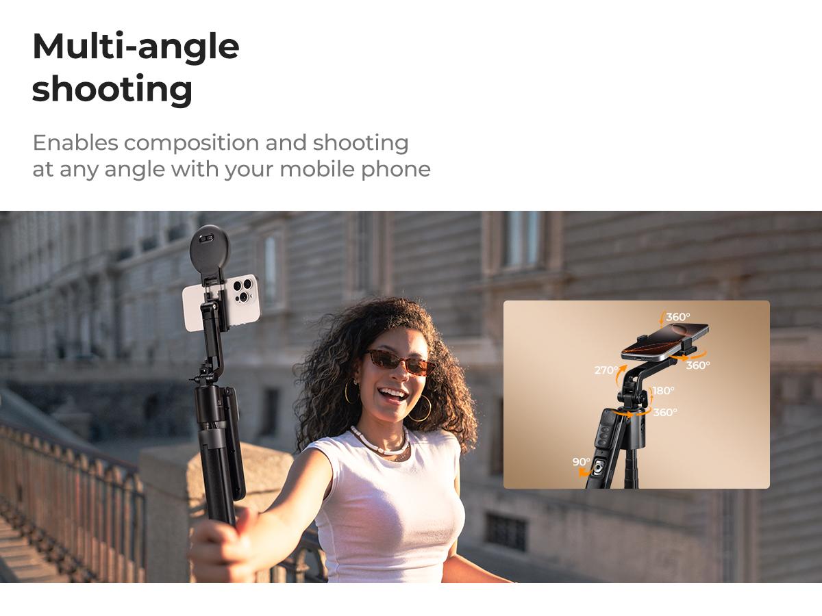 K&F CONCEPT Up to 71" Face Tracking Tripod Selfie Stick| 360° Rotation + Bluetooth Remote + Stand| 2 Fill Lights (Optional)| Black/White Textured (White Same as Black), for Travel/Live Streaming/Vloggers