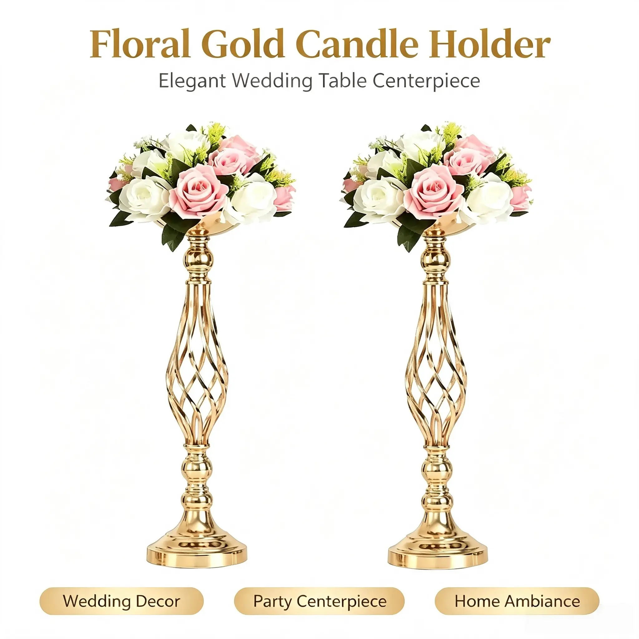 2Pcs Luxe Glam Gold Metal Flower Stands, Elegant Table Centerpieces for Wedding, Christmas, Halloween, Ceremony, Party, Home Decor, Ideal Gift, Flowers Not Included