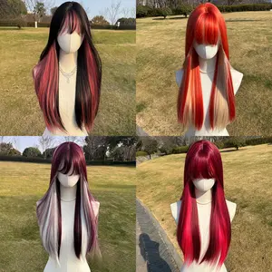 SMILCO 24" Straight Black With Pink Highlight Synthetic Wig, with Curtain Bangs, Glueless, Natural-Looking Scalp, Full Machine Cap, Adjustable Straps & Breathable Cap, Vibrant Color & Soft Texture SM408