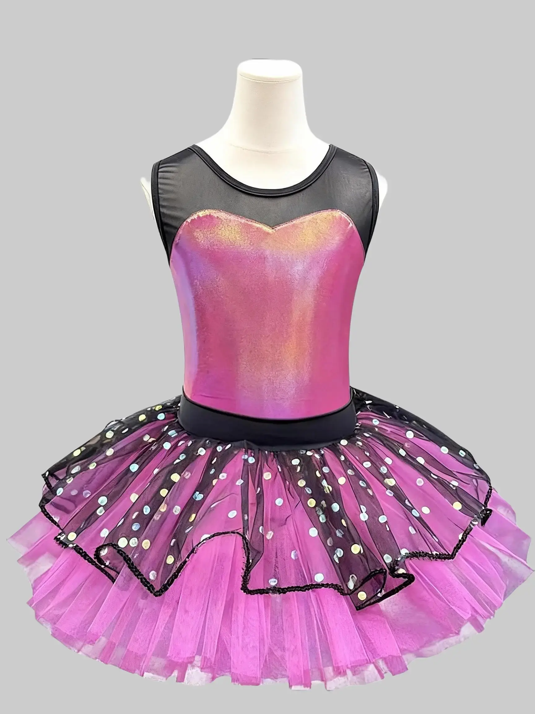 Sweet‑Cool Style Kids’ Dance Practice Outfit Black‑Pink Gradient Sequin Puffy Skirt Performance Wear