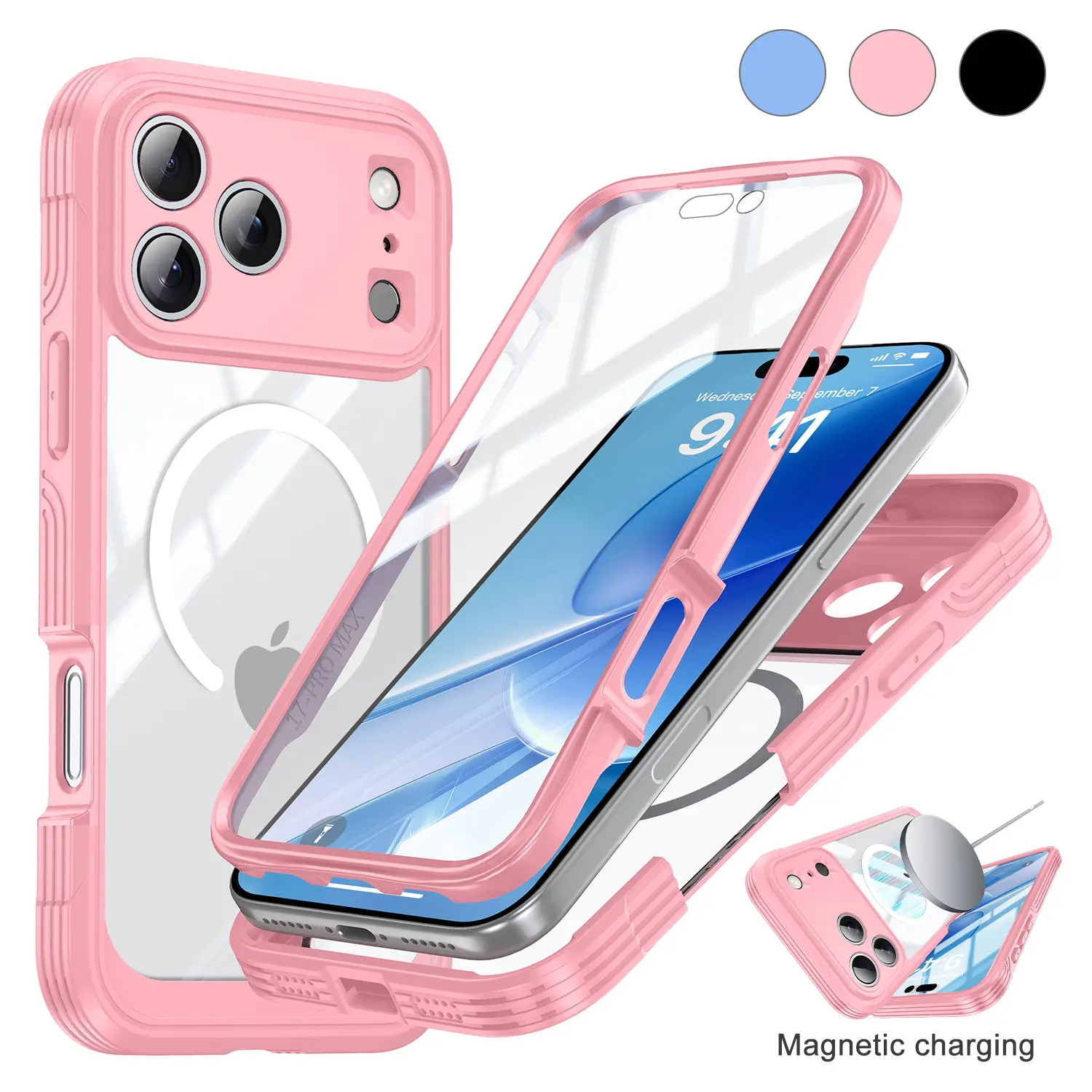 Multi-Model Smartphone Cellphone Casing for iPhone 17 Pro Max, 17 Air, 16, 15 Pro Max Plus - Built-in Tempered Glass Screen Protector, MagSafe Magnetic Charging Compatible, Military Shockproof Silicone Bumper Rugged Heavy Duty Cover, Silicone Shell