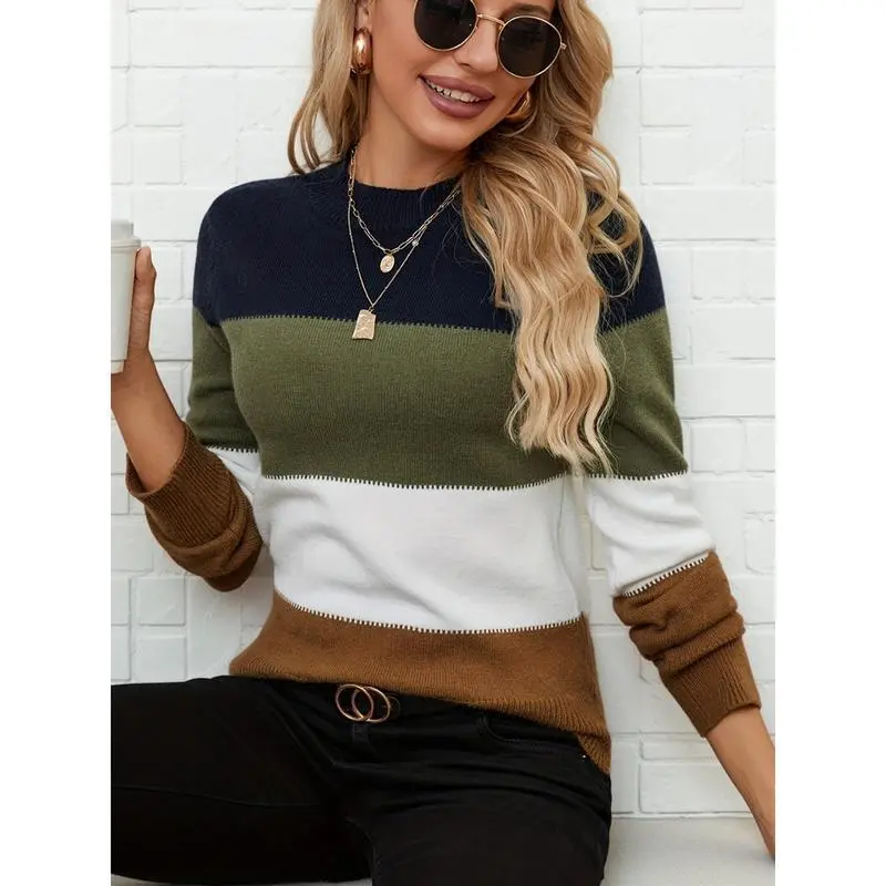 Women's Elegant Striped Color-Block Sweater - Soft Elastic Crew Neck Pullover, Suitable for Office and Casual Wear, All-Season Versatile Top, Black/Pink/Maroon/White Stripes, Cute Knitted Sweater, Daily Comfortable Clothing, Medium Elasticity, Durable Kn