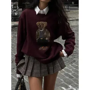 Women`s bear round neck sweater knitwear tops,fashion causal  crew neck jumper for spring&fall,going out outfits Long Sleeve Style Fabric Knitting