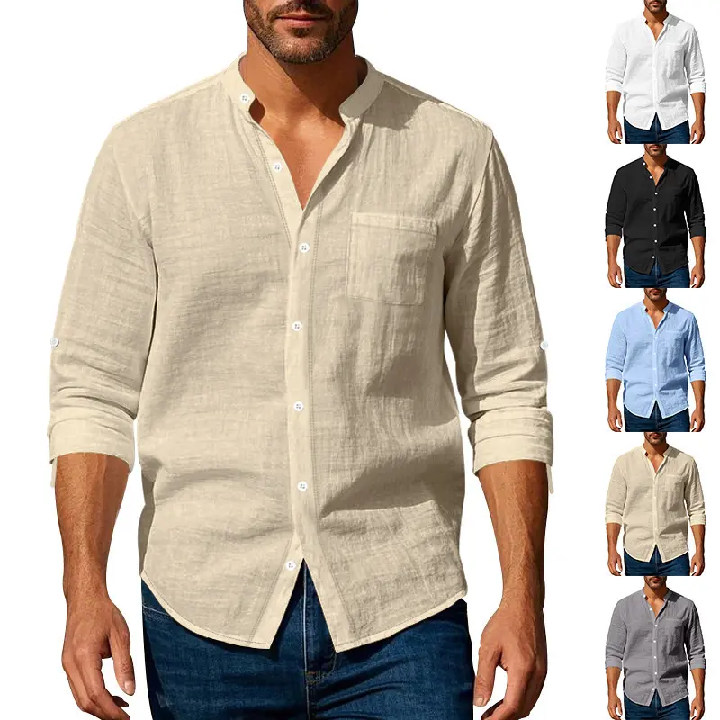 Minimalist solid-color stand collar long-sleeve shirt with a full button placket and chest patch pocket; loose fit that flatters all body types; suitable for wearing alone in summer and as an inner layer in autumn/winter.
