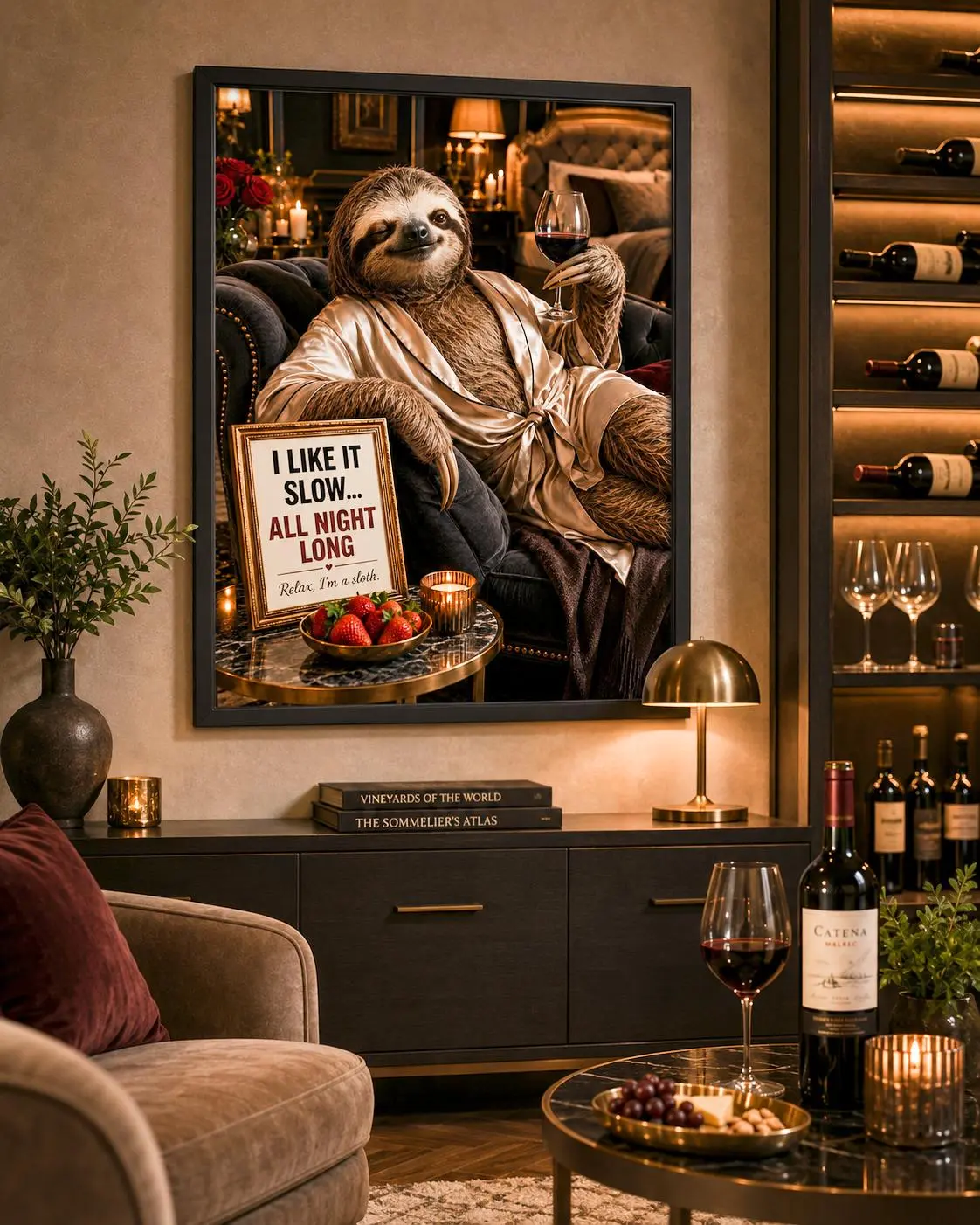 Funny Sloth Poster, Luxury Bar Lounge Wall Decor