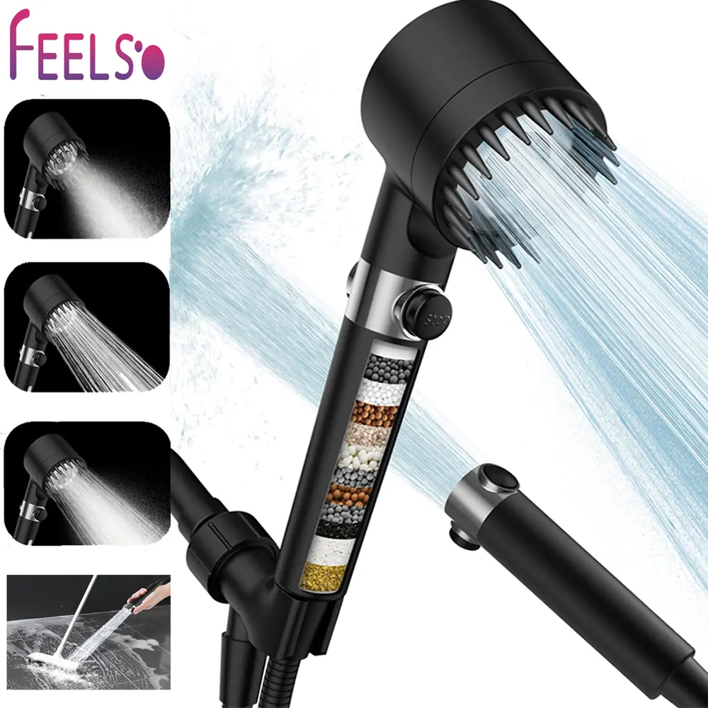FEELSO High Pressure Showerhead - 15-Stage Vitamin C Filter, 3+1 Spray Modes, 1.5m Hose, Handheld Massage Function, 1-Touch Water Stop, Water-Saving Design, Teflon Tape, Wall Mount for Relaxing Modern Bathrooms, One-Touch Water Stop