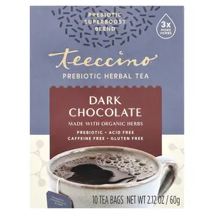 Teeccino Prebiotic Herbal Tea, Dark Chocolate, Caffeine Free, 10 Tea Bags, 2.12 oz (60 g)