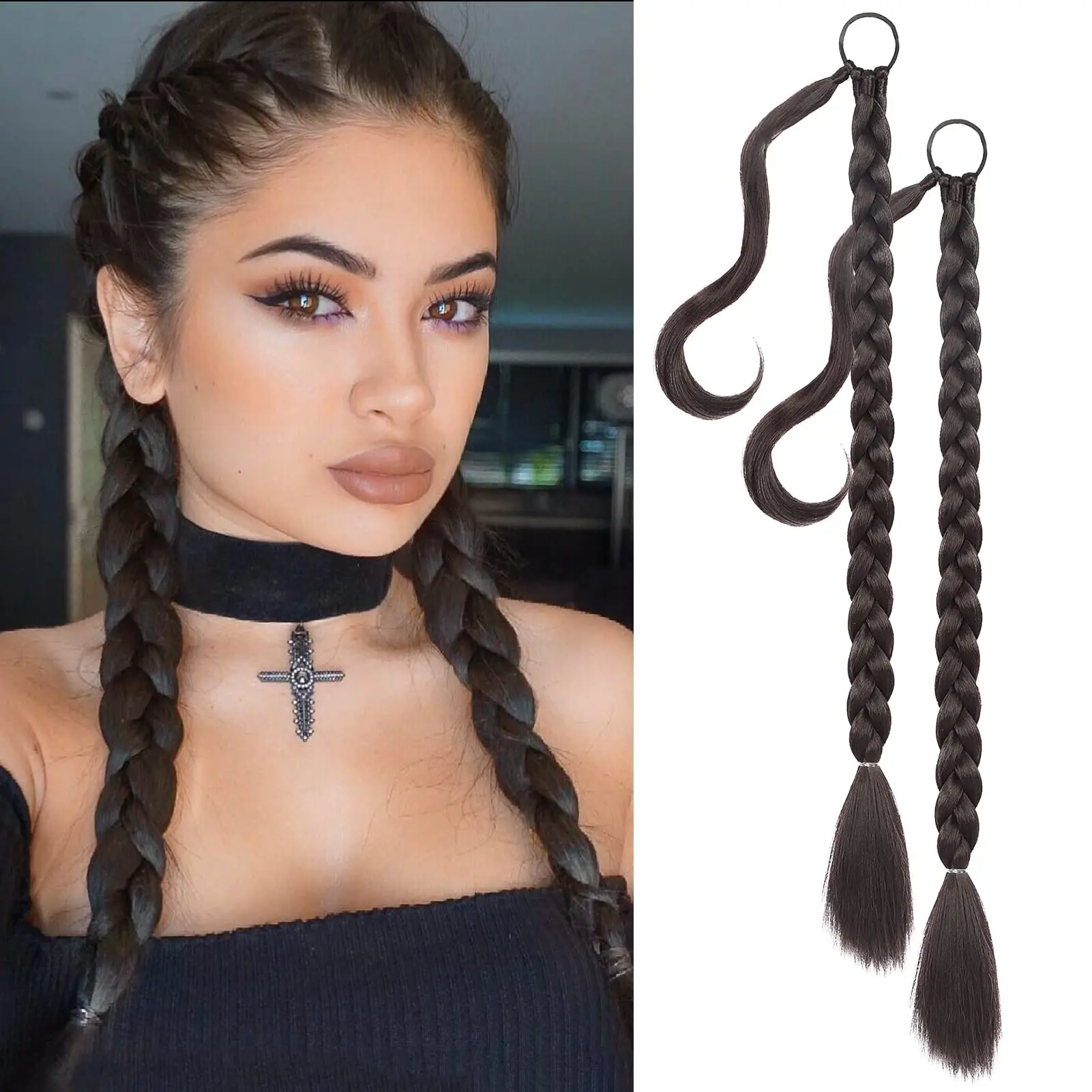 AISI HAIR 2Pcs Long Braided Ponytail Extension with Hair Tie Straight Wrap Around Hair Extensions Ponytail Natural Soft Synthetic Hair Piece for Women Daily Wear 32 Inch 150 Gram Black