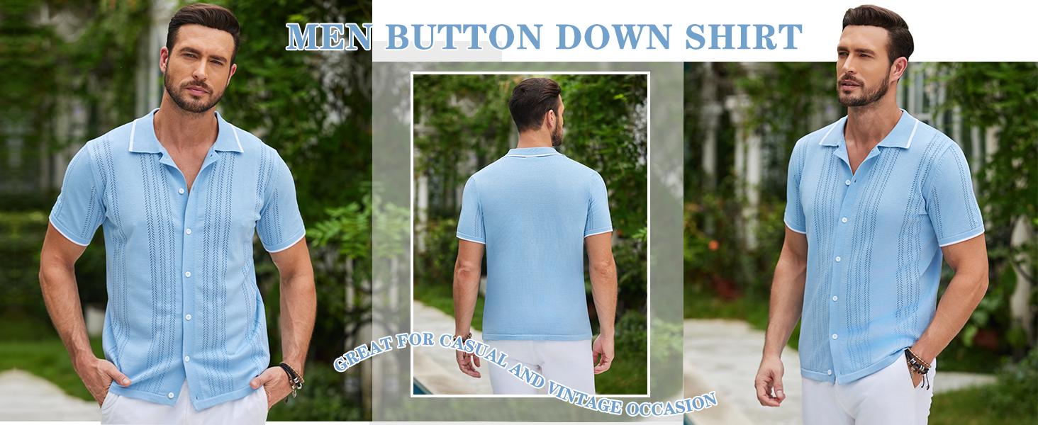 COOFANDY Men's Knit Button Down Shirt Vintage Short Sleeve Polo Shirts Casual Beach Tops Menswear