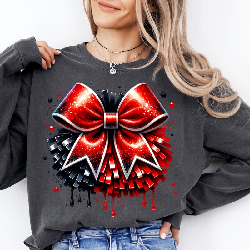 Cheer Red and Black Watercolor Sublimation sweatshirt Bow for Cheerleading
