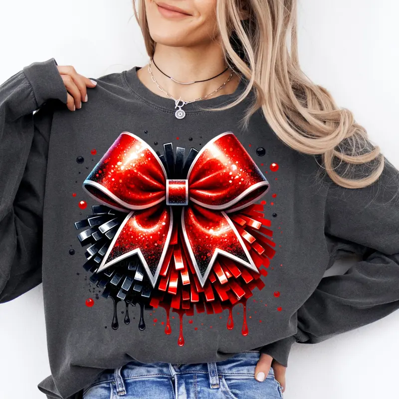 Cheer Red and Black Watercolor Sublimation sweatshirt Bow for Cheerleading
