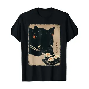 1 Piece Cute Cat Eating Sushi T-Shirt, 100% Cotton, Crew Neck, Short Sleeve, Casual Pullover,  Funny Japanese Anime Style for Adults,gifts for him