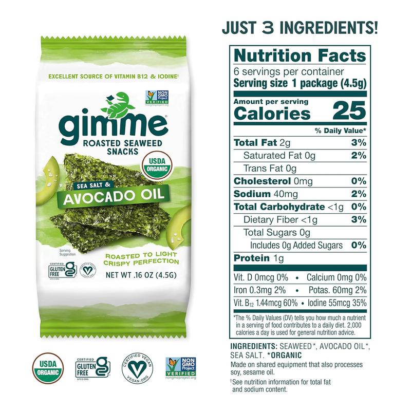 Organic Premium Roasted Seaweed Snacks, Sea Salt & Avocado Oil, 6 Count, Keto, Vegan, Gluten-Free, Great Source of Omega3s and Iodine, Healthy On-The-Go Snack for Kids and Adults