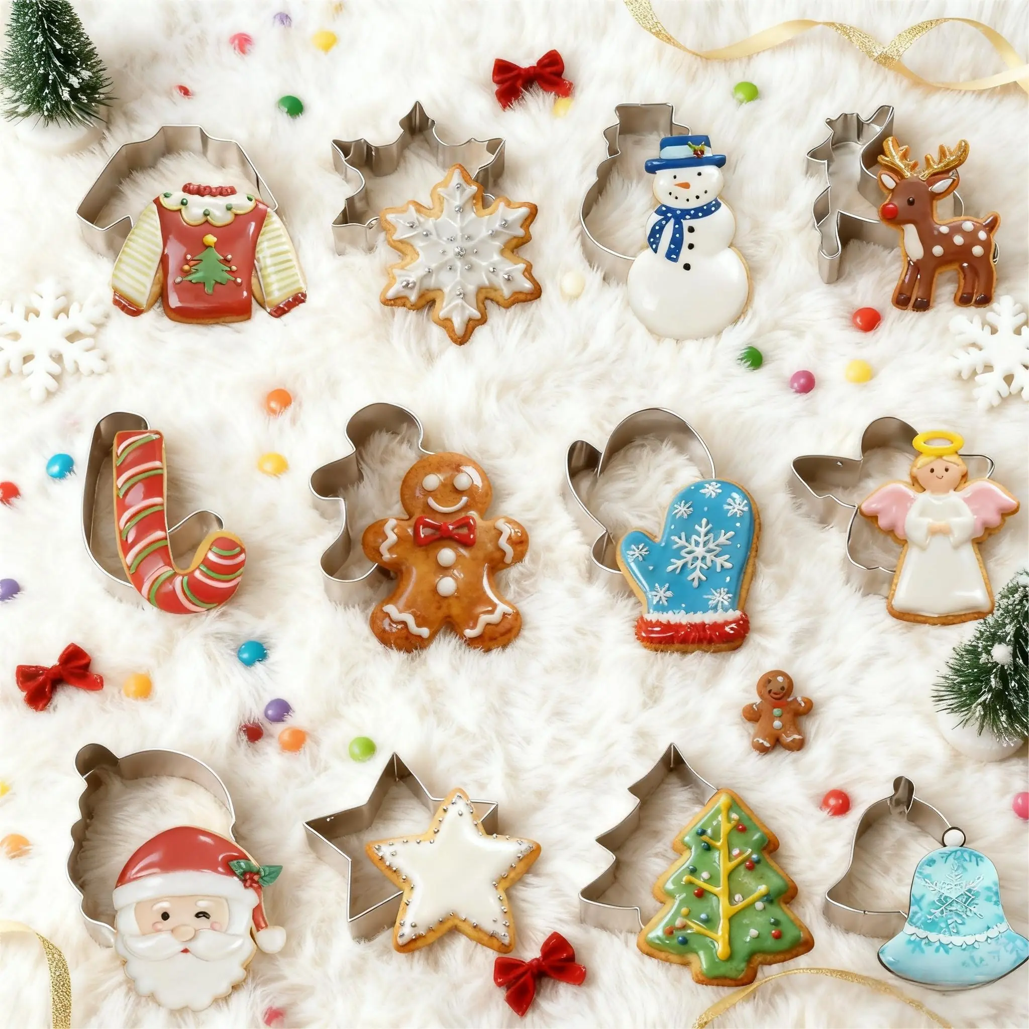 Christmas Holiday Cookie Cutter Set 12 Pcs Stainless Steel Baking Molds, Bakeware, Baking Utensils, Baking Accessories, Baking Tool for Christmas Decorations, Fondant & Cake Decorating, Including Gingerbread Man, Reindeer, Bell, Snowman, Snowflake Shapes