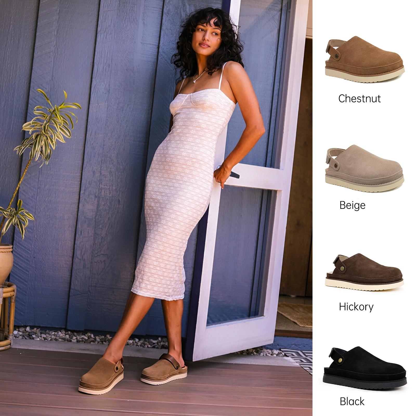 EVELLYHOOTD Women's Fashion 2-in-1 Suede Clogs with  Backstrap Non-slip  TPR Sole Adjustable Strap Casual  Comfort Footbed Slippers Mules Walking Shoes Gym Shoes for Daily Wear