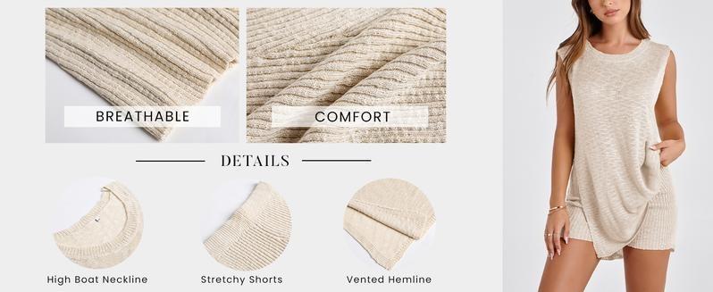 WoodBerry Women's 2 Piece Summer Knit Outfits Sleeveless Sweater Tunic Top Matching Shorts Trendy Beach Vacation Sets Womenswear Lounge Clothes