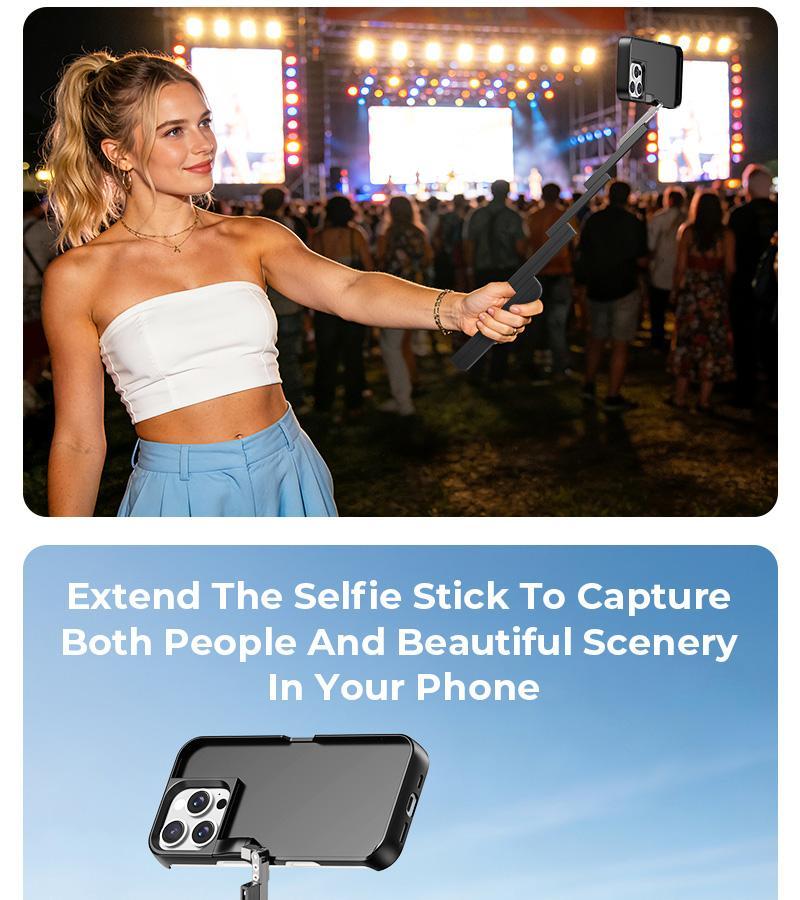 Concert Phone Case with Selfie Stick 3-in-1 Foldable iPhone Case Slim Vertical Design Rotatable Mount Bluetooth Remote Shooting Multi-Angle Rotation Folding Stand for Travel & Vlogging