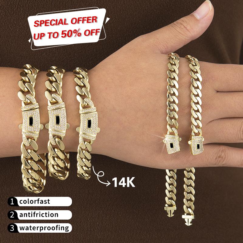 14k Gold Plated Miami Cuban Link Chain Bracelet, Thickened, Dense and Chunky 7.5/8.5 inch-Hip-Hop Jewelry for Men/Women Hypoallergenic Material, Sweat-Resistant, Chunky Gold Bracelet for Streetwear, Dates and Daily Wear, Trendy Accessory Christmas Gift 14k Gold Plated Miami Cuban Link Chain Bracelet, Thickened, Dense and Chunky 7.5/8.5 inch-Hip-Hop Jewelry for Men/Women Hypoallergenic Material, Sweat-Resistant, Chunky Gold Bracelet for Streetwear, Dates and Daily Wear, Trendy Accessory Christmas Gift