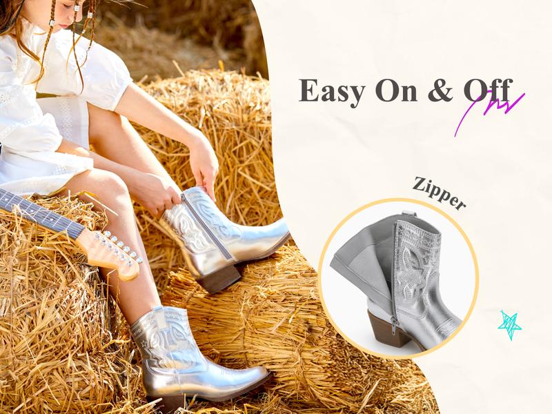 PATPAT Girls Cowgirl Boots,Embroidered Pointed Toe Cowboy Boots with Side Zipper Western Riding Shoes for Little Kid/Big Kid