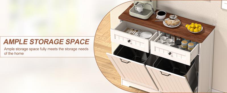 【Does Not Include Trash Can】 Dragosum Wooden Hidden Trash Can Cabinet with Double Tilt-Out Doors and Drawers | Organize Two 10 Gallon Bins in Kitchen, Living Room or Laundry Room – Space Saving Design