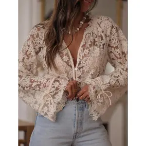 Elegant Women's Sheer Embroidered Lace Collar Long Sleeve Flounce Sleeve Cardigan Top, Stylish Ladies Fashion Outerwear