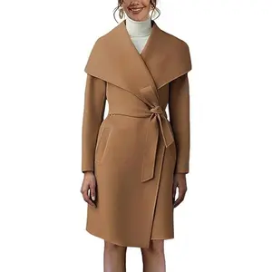 Cicy Bell Women's Pea Trench Coat Lapel Collar Long Jacket Open Front Belted Overcoat with Pockets