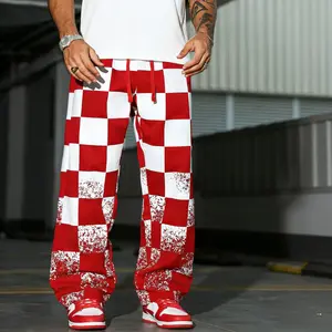 Bold Red & White Checkerboard Pants with Grunge Splatter Accents