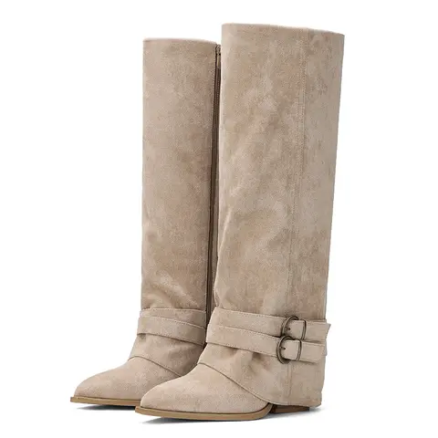 AOSPHIRAYLIAN Women's Wide Calf Knee High Boots - Pointed Toe, Chunky Block Heel, Belt Buckle Fold-Over, Buttons Accent PU Leather Footwear - Basic Casual Minimalist Rubber Sole All Seasons Shoes