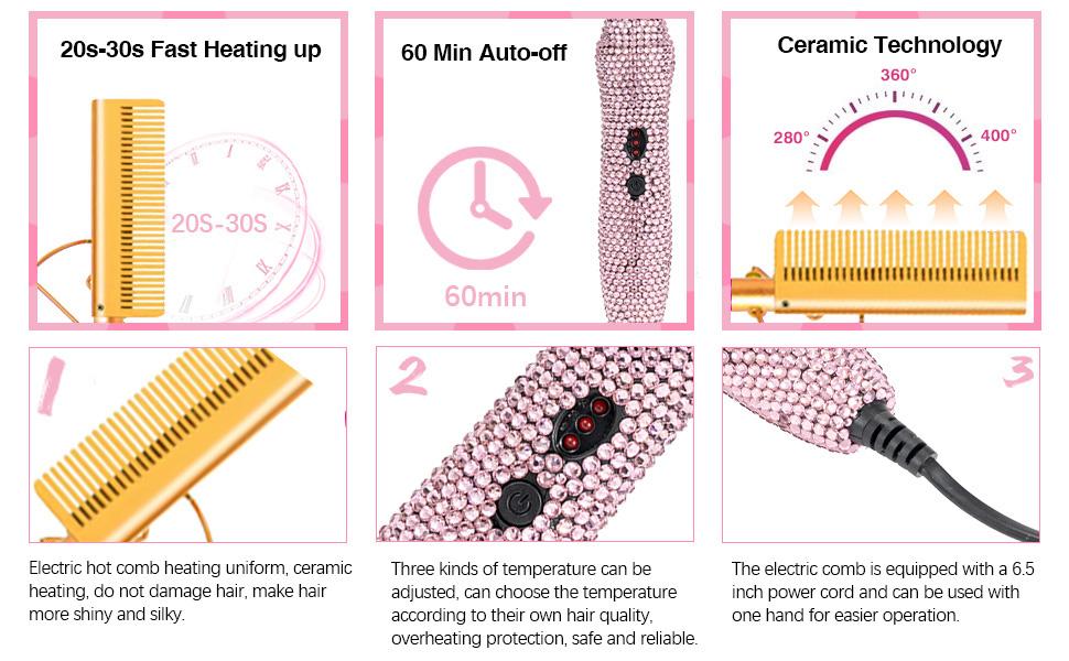 Diamond Hot Comb for Natural Hair and Wigs 450°F Electric Hair Straightener Pressing Comb Anti-Scald Heat Styling