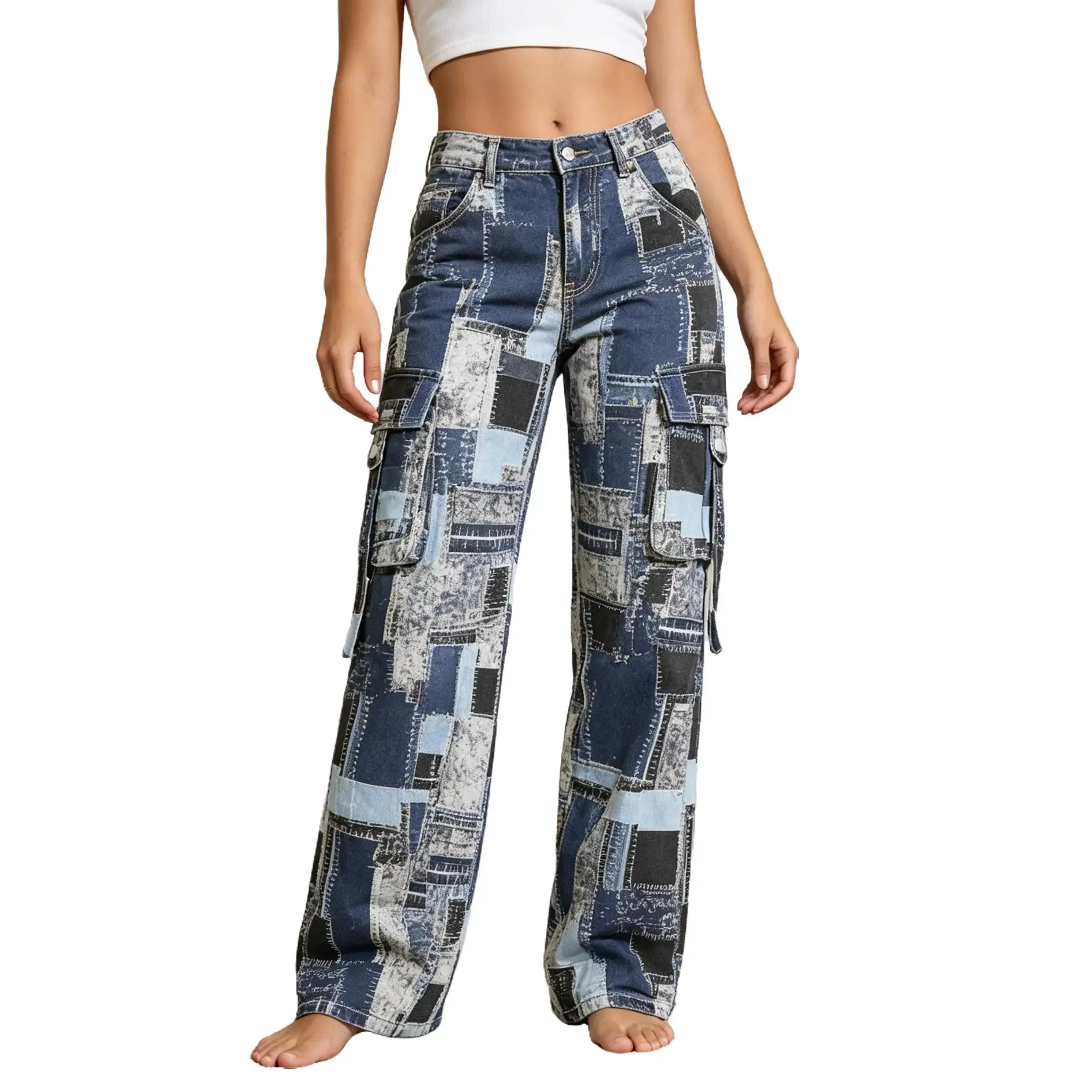 Women's Straight-Leg Cargo Jeans Patchwork Fitted Maxi Edgy Bottoms Statement Streetwear Beach Zipper Button Wide Leg Colorblock Design