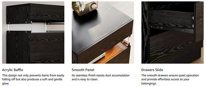 IRONCK Night Stand with LED Light and Drawers, Modern Bedside Table with Storage, End Table for Bedroom