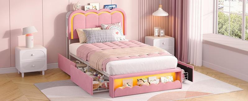 Vabches Twin LED Bed Frame with Storage Headboard and 4 Drawers, Upholstered Platform Bed Frame with Bookcase, Velvet Princess Bed for Kids Girls, Charging Station, No Box Spring Needed