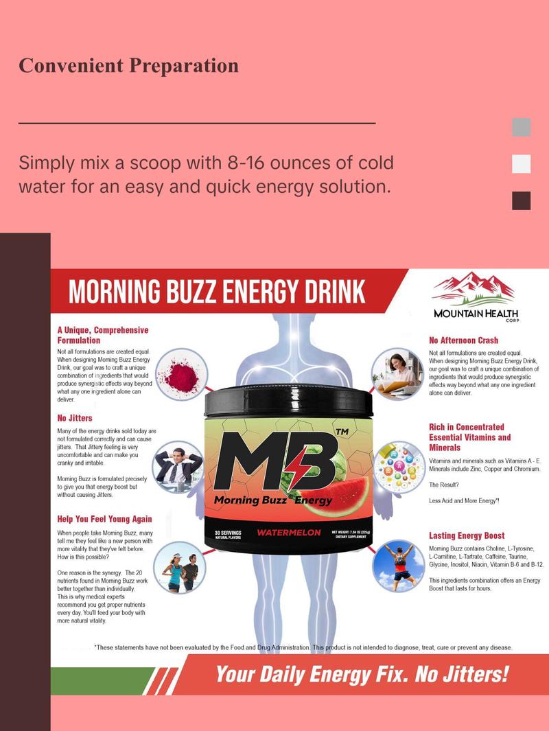 Morning Buzz Energy Powder Drink - Energy Boost Drink Mix - Sugar-Free Energy with Antioxidants - Morning Kickstart and Sports Nutrition Endurance Product - 30 Servings, Watermelon, 8 Ounces