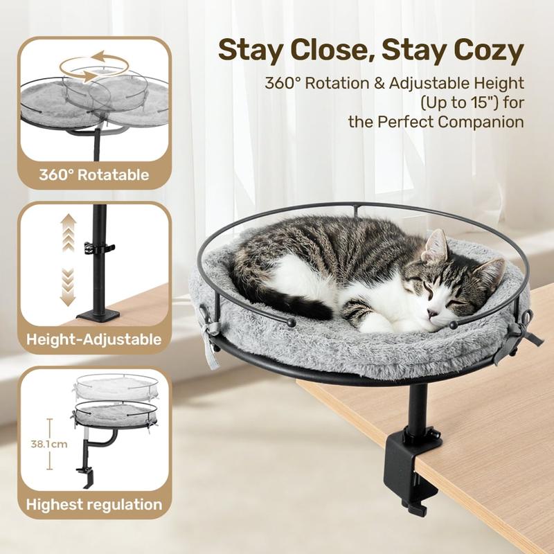 PawGiant Cat Desk Bed, Desk Mounted Perch Attachment, 360°Rotation & Height Adjustable Cat Bed for Desk Holds up to 40lbs, Machine-Washable Plush Cover, Cat Hammock with Washable Cushions, Machine-Washable Plush Cover, for Fun & Comfort Bedding