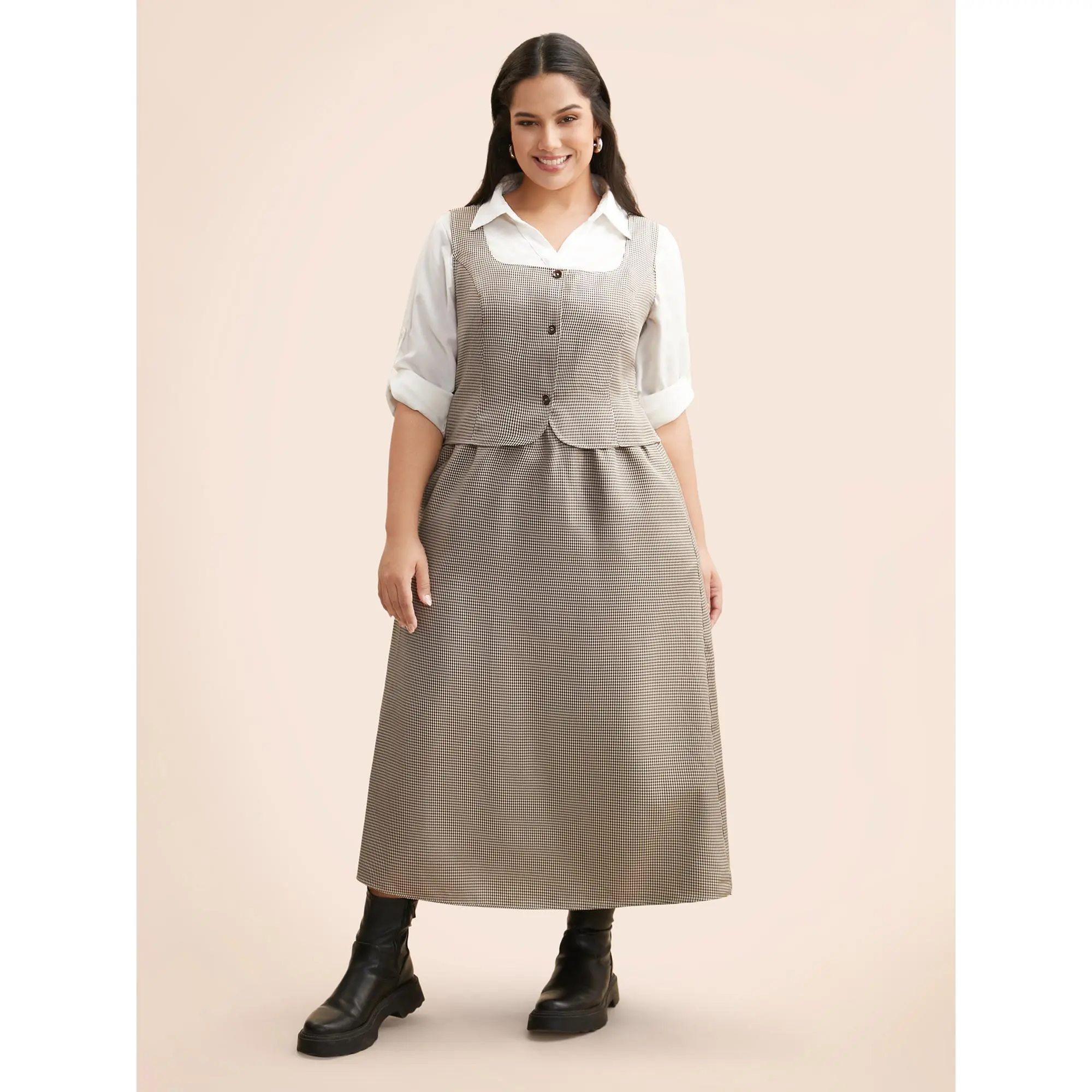 Tiered Houndstooth Jumper for Women, Square Neck Button-Front Office Midi with Pockets in Smooth, Low Iron Polyester Fabric