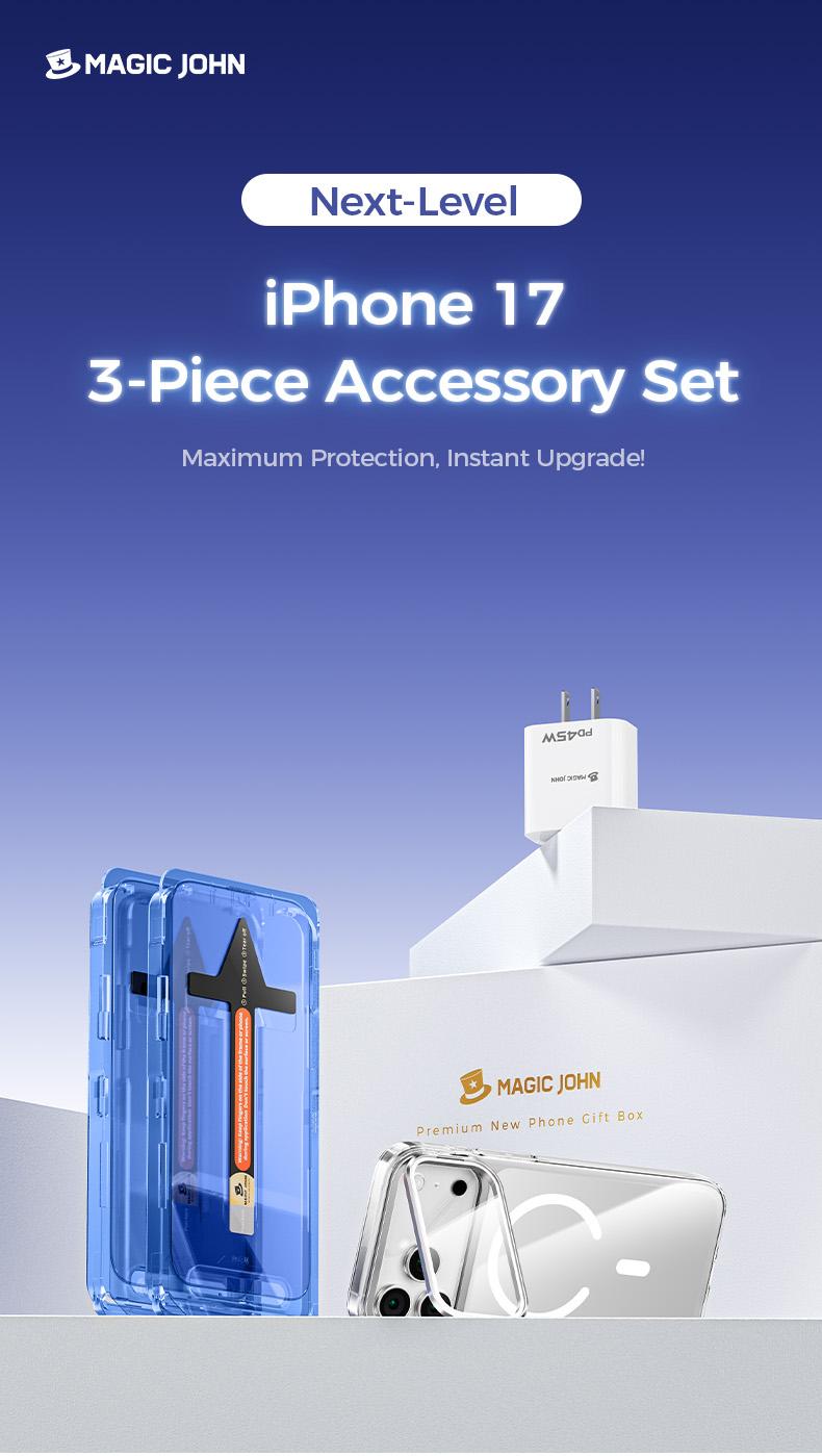 MAGIC JOHN Accessory Gift Set for iPhone 17 / Air / Pro / Pro Max — Includes HD & Privacy Screen Protector, Camera Cover Stand Case, and 45W Fast Charger
