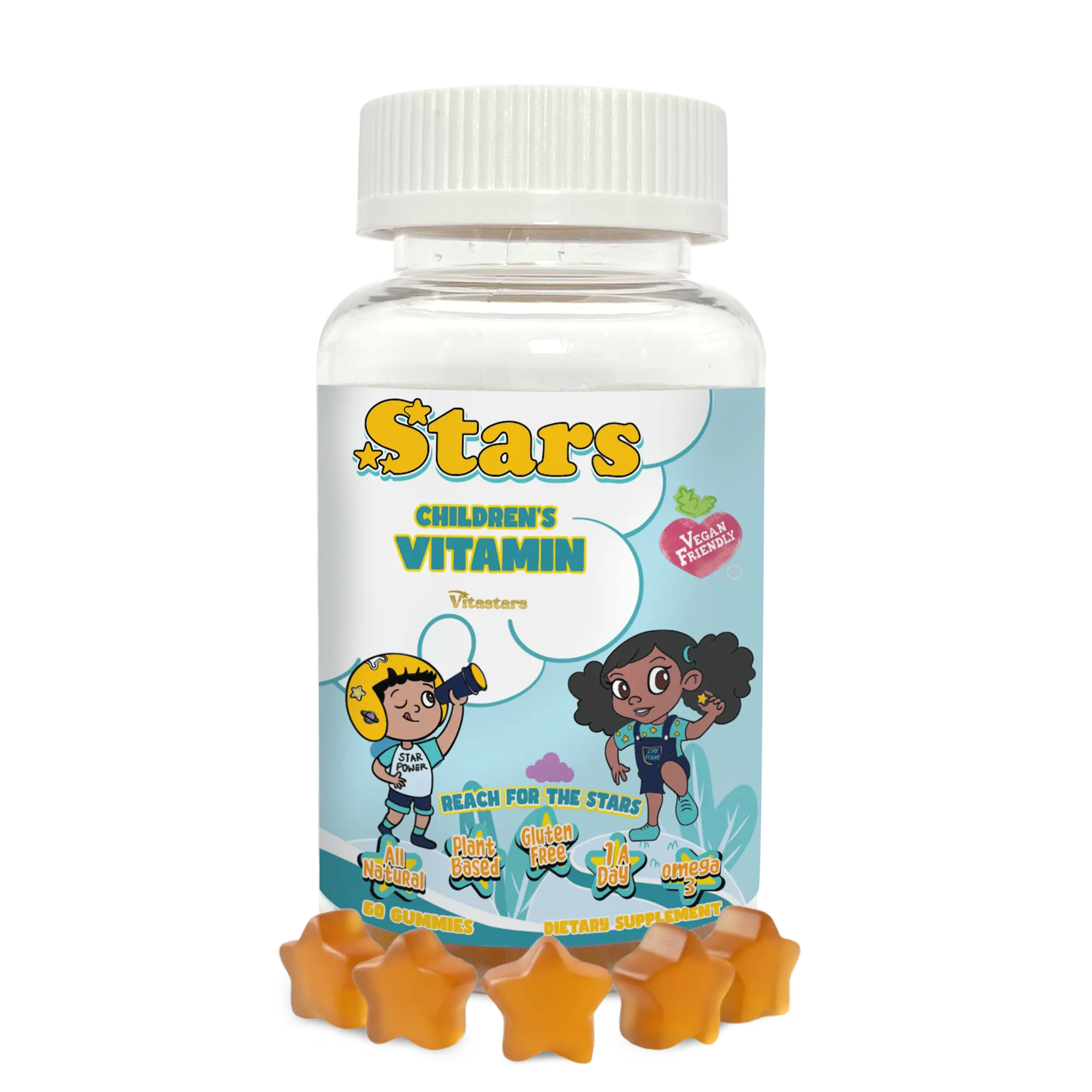 Stars Kids Multivitamin Gummies with Omega 3, Vitamins for Kids with A, B, C, D, Plant Based Multi Vitamins for Children, Manganese, 60 Star-Shaped Multivitamin for Kids, Gluten-Free Gummy Vitamins