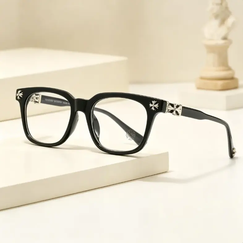 Unisex High-End Chrome Hearts Square Eyeglass Frames, Luxury Black-Gold Cross Detail Optical Frames, Premium Designer Non-Prescription Glasses with Leather Case