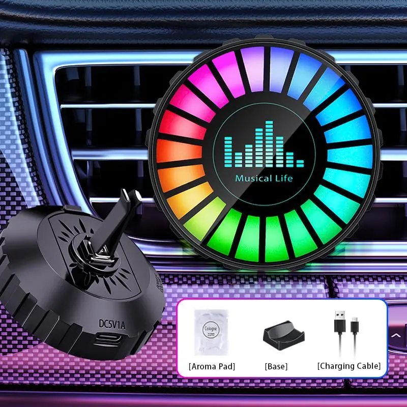 DIYCOM RGB Rhythm LED Light for Car Interior Sound Activated Music Level Ambient Lighting USB Rechargeable Voice Control Atmosphere Light Multifunctional Ambient Light with Car Air Freshener summerwins