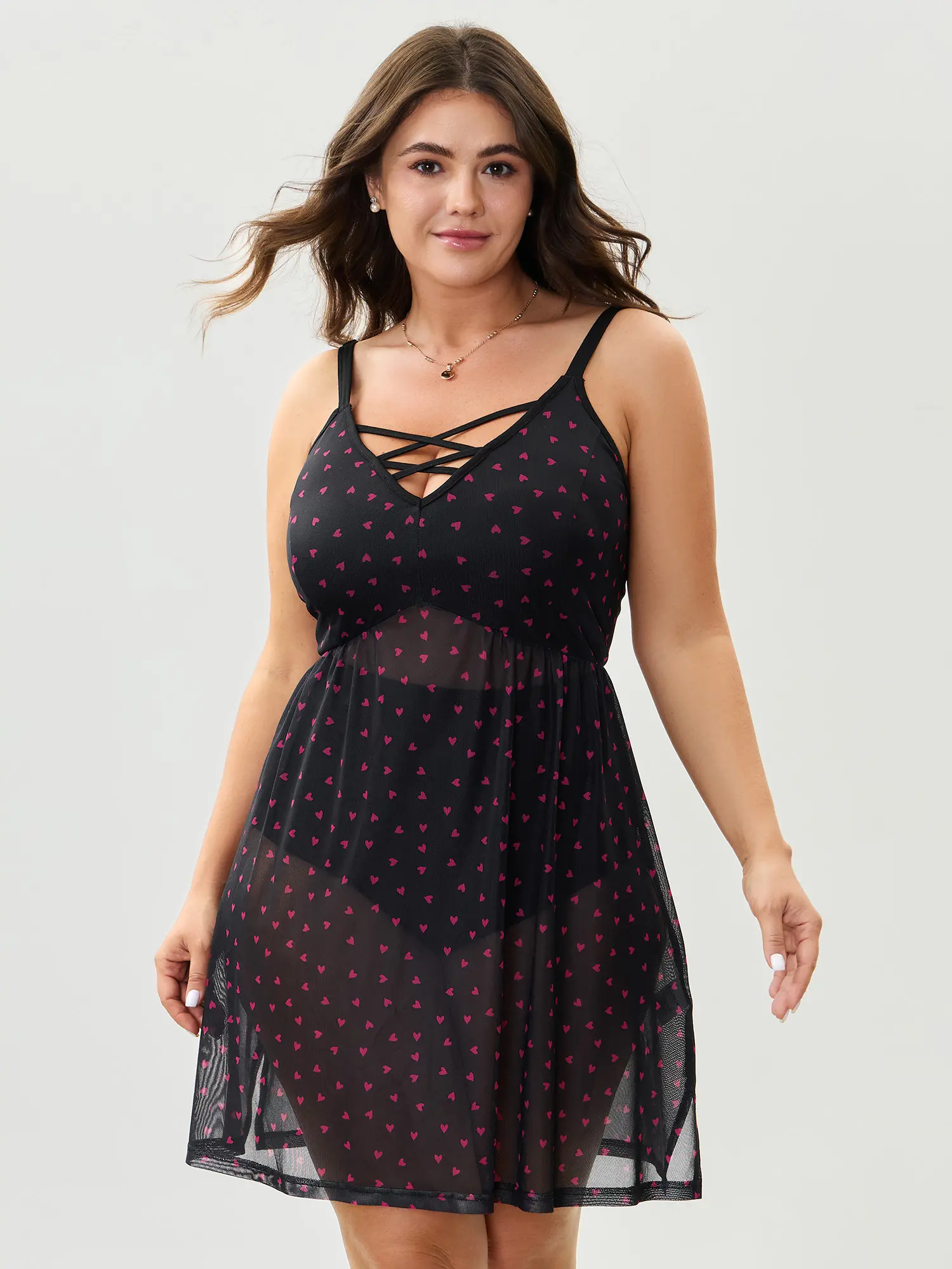 Heart Print See-Through Nightwear for Women, Babydoll Garment in a Polyester Blend Fabric with a Crisscross V-Neck and Lace Trim, Sleeveless, Spandex Blend