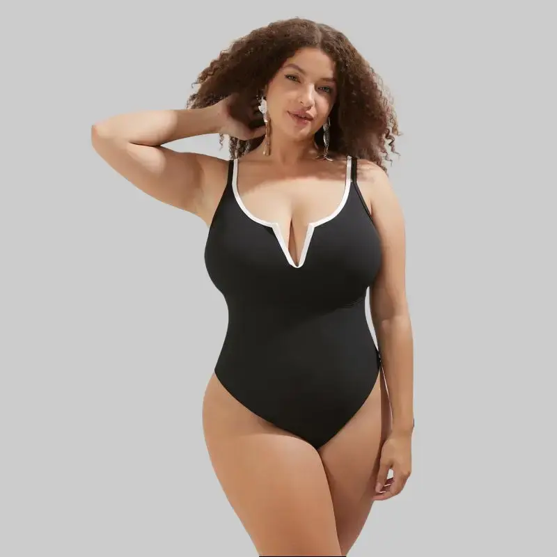 Women's Elegant Black 1-Piece Swimsuit, V-Neck Detail, White Trim, Elastane-Polyamide Blend, Big-Tall Sizes, Machine Washable, Polyamide Knit, 3Xl, Smooth Stretch, Sleeveless, Stretchable, Swimming Suit, High Stretch, Loose Fitting Tops