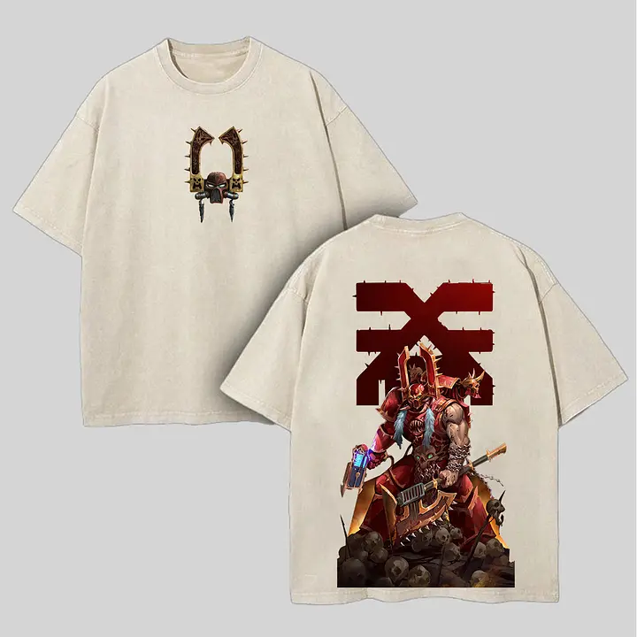 Khorne Berzerker World Eaters Vintage Washed Tee, Retro Sci-Fi Gaming Graphic, Chaos Space Marine Artwork, Premium Carbon Wash Style Boxy Fit Top