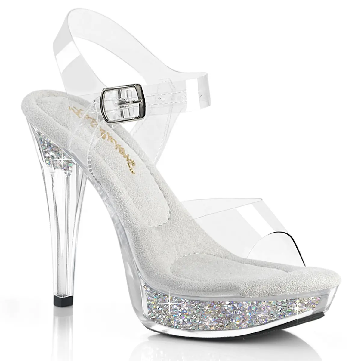 Women's Sparkling Platform Stiletto Sandals - 5in Heel, 1in Platform, AB Crystals/Silver Rhinestones, Classy Heels for Women, Formal Wear Statement Shoes, Footwear, Elegant, Decor, Open Toe, Crystal Accents, 5 In, Clear/Silver Rhinestones
