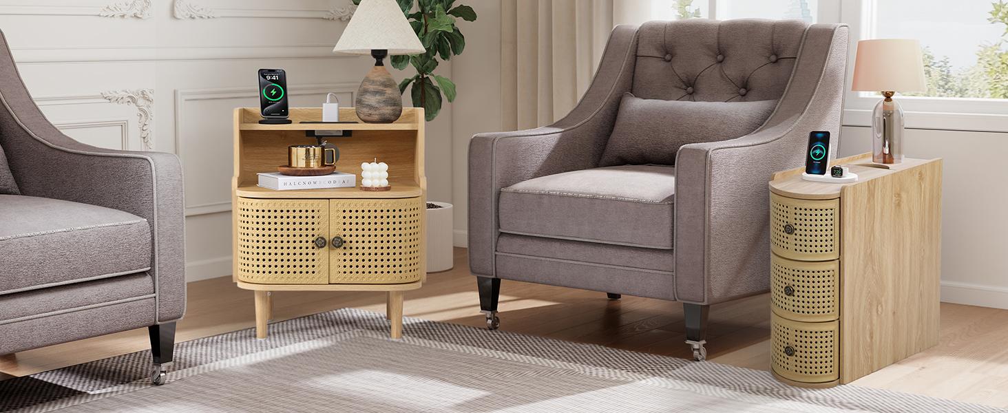 Giratree Metal Rattan Narrow End Table with Charging Station, Black Side Table with Drawers Storage, Small Night Stand with Power Outlets and USB Ports, Sofa Side Table for Living Room Giratree Metal Rattan Narrow End Table with Charging Station, Black Side Table with Drawers Storage, Small Night Stand with Power Outlets and USB Ports, Sofa Side Table for Living Room