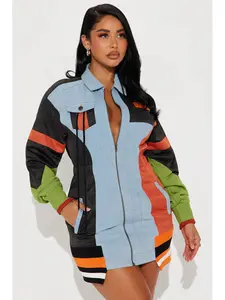 Sonic Zoom Denim Mini Dress - Black/Combo with Collar Neckline Long Sleeves Zip Front Functional Pockets & Contrast Fabric Detail